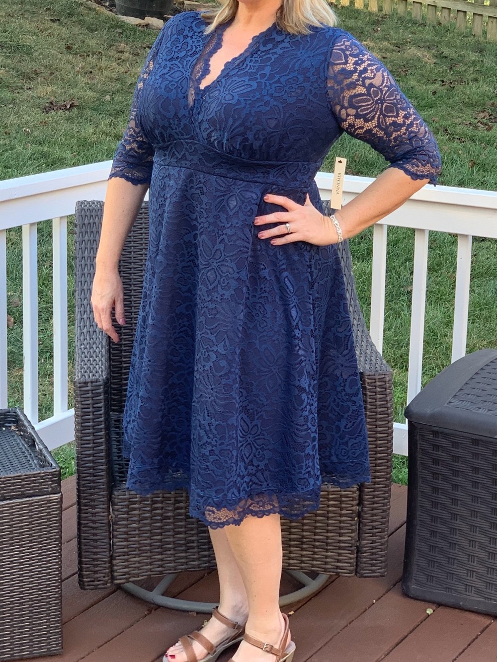 Navy Lace Fit-and-Flare Dress with Scalloped V-Neck
